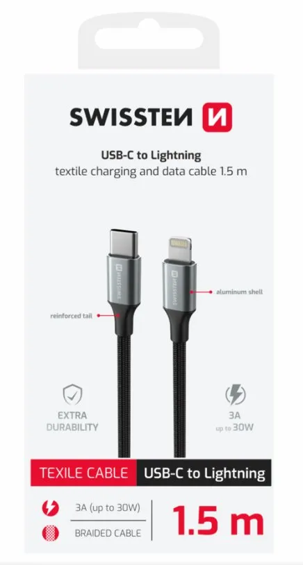 SWISSTEN DATOVÝ KABEL TEXTILE II USB-C / LIGHTNING 1,5 M ČERNÝ