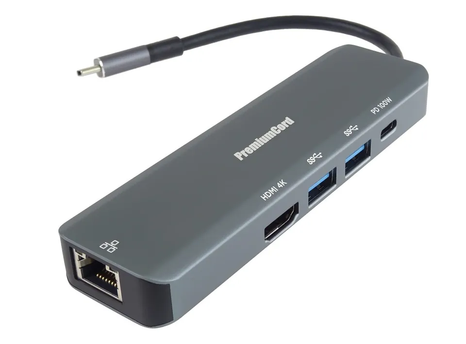 PremiumCord USB-C na HDMI + 2x USB3.2 + PD 100W+ RJ45 10/100/1000Mbps adaptér