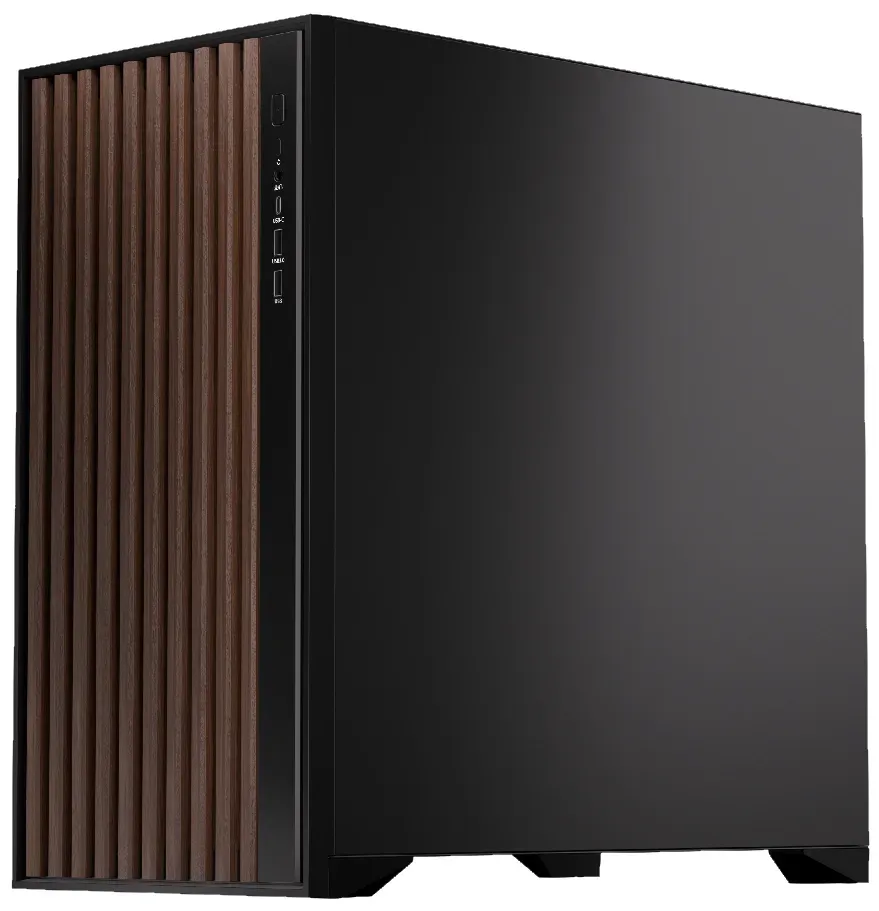 Krux skříň Palum / ATX / 2x120 mm fan / 2xUSB 2.0 / USB-C / dřevěné elementy / temperované sklo / černá