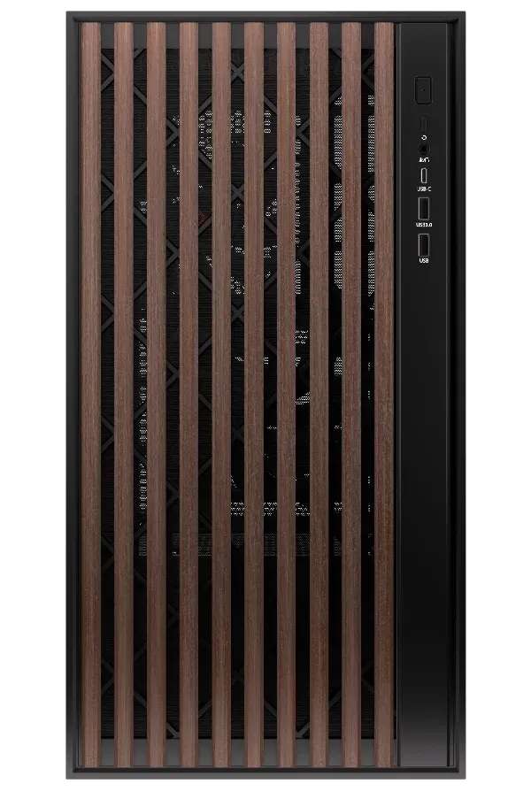 Krux skříň Palum / ATX / 2x120 mm fan / 2xUSB 2.0 / USB-C / dřevěné elementy / temperované sklo / černá