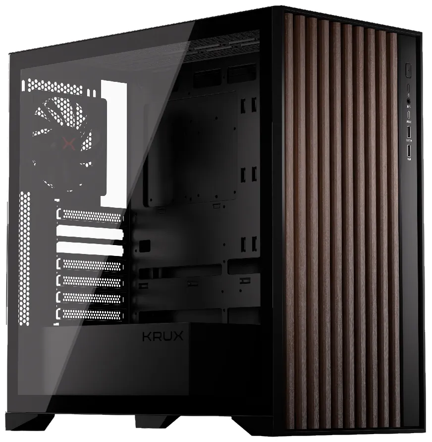 Krux skříň Palum / ATX / 2x120 mm fan / 2xUSB 2.0 / USB-C / dřevěné elementy / temperované sklo / černá