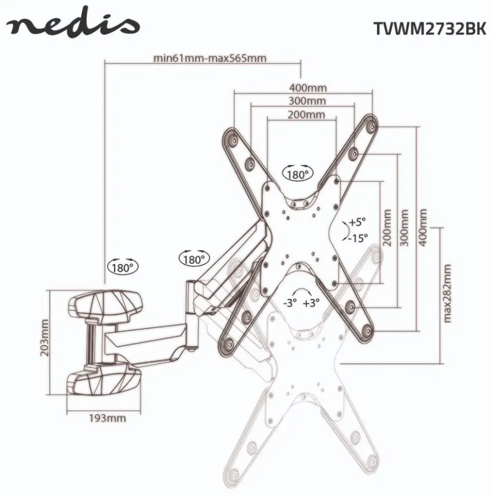NEDIS nástěnný TV držák/ 23 - 55"/ nosnost 30 kg/ otočný 0 - 180°/ vzdálenost od stěny 61 mm/ vertikální/ ocel/ černý