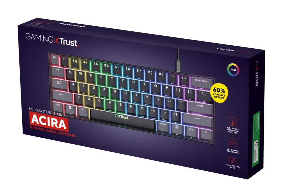 TRUST klávesnice GXT 867 ACIRA, 60%, Herní Klávesnice, USB, USB-C, US