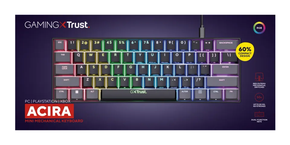 TRUST klávesnice GXT 867 ACIRA, 60%, Herní Klávesnice, USB, USB-C, US
