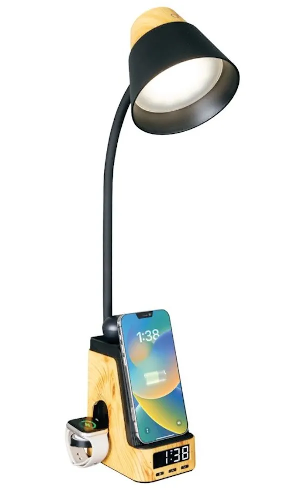 IMMAX LED stolní lampička IDEAL/ Qi nabíjení/ CCT/ 8W/ 800lm/ budík s hodinami/ světlé dřevo/černá