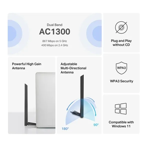 MERCUSYS MA30H - AC1300 Bezdrátový dvoupásmový USB adaptér - anténa, s vysokým z