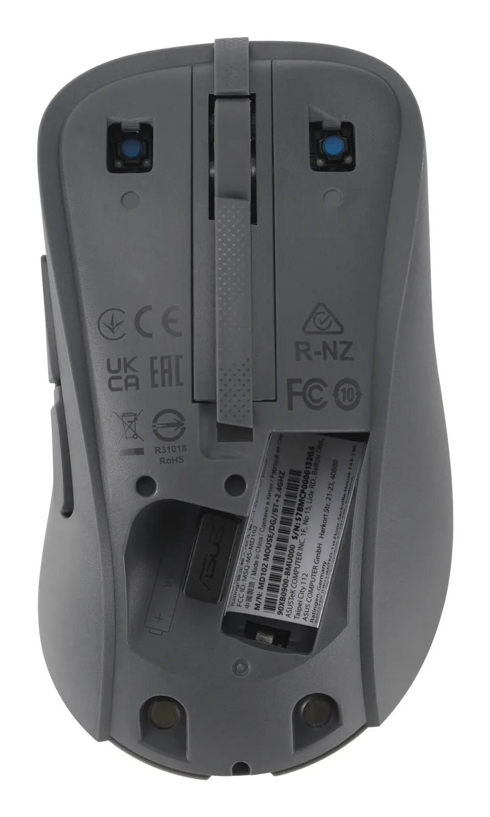 ASUS Wireless Mouse MD102/Kancelářská/Optická/Pro praváky/1 600 DPI/USB+BT/Šedá