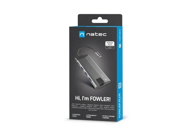 Natec multiport adaptér FOWLER PLUS HUB 8v1, USB 3.0 3X, HDMI 4K, USB-C PD, RJ45, SD, MICRO
