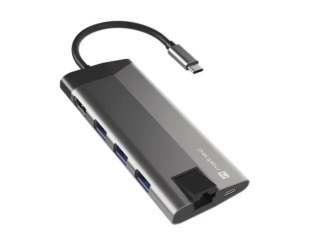 Natec multiport adaptér FOWLER PLUS HUB 8v1, USB 3.0 3X, HDMI 4K, USB-C PD, RJ45, SD, MICRO