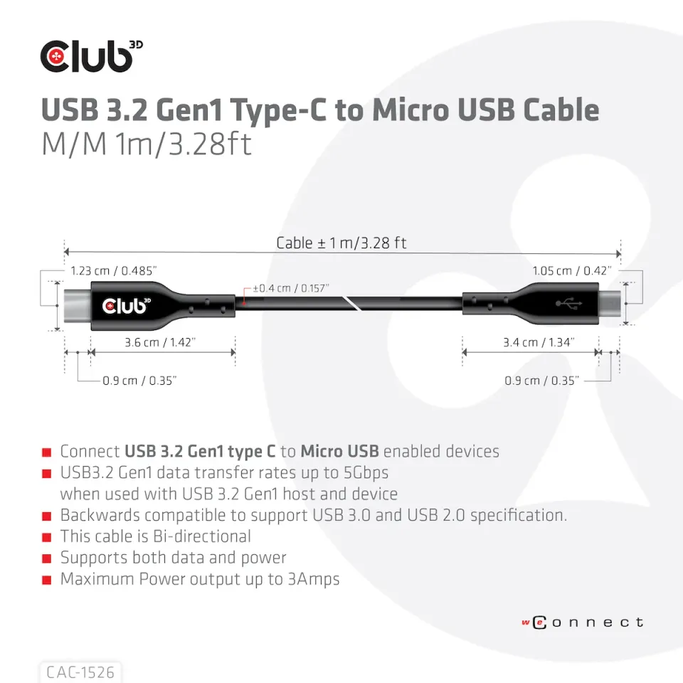 Club3D Kabel USB 3.2 Gen1 Type C na Micro USB Cable (M/M), Bidirectional, 1m