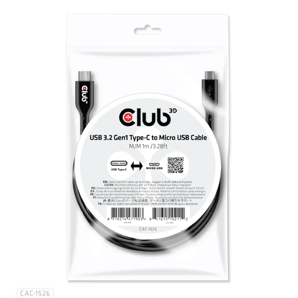 Club3D Kabel USB 3.2 Gen1 Type C na Micro USB Cable (M/M), Bidirectional, 1m