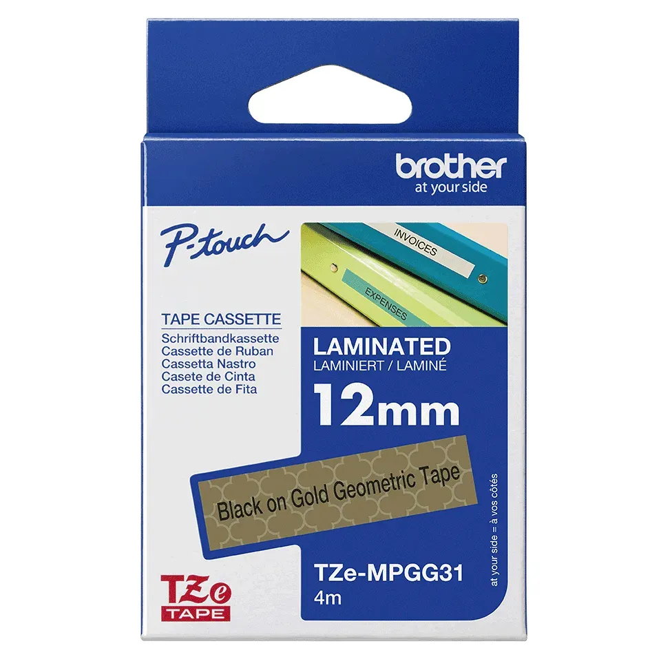 Brother - TZe-MPGG31 páska se zlatými geometrickými vzory / černá (12mm, 4m)