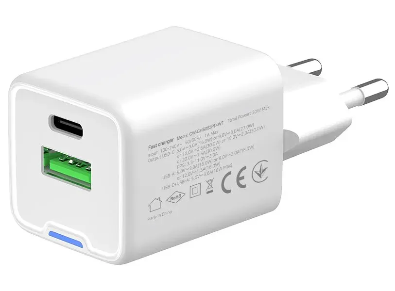 COLORWAY 1x USB-C/ síťová nabíječka/ GaN/ PD/ PPS/ QC/ 30W/ Včetně 100cm kabelu/ Bílá