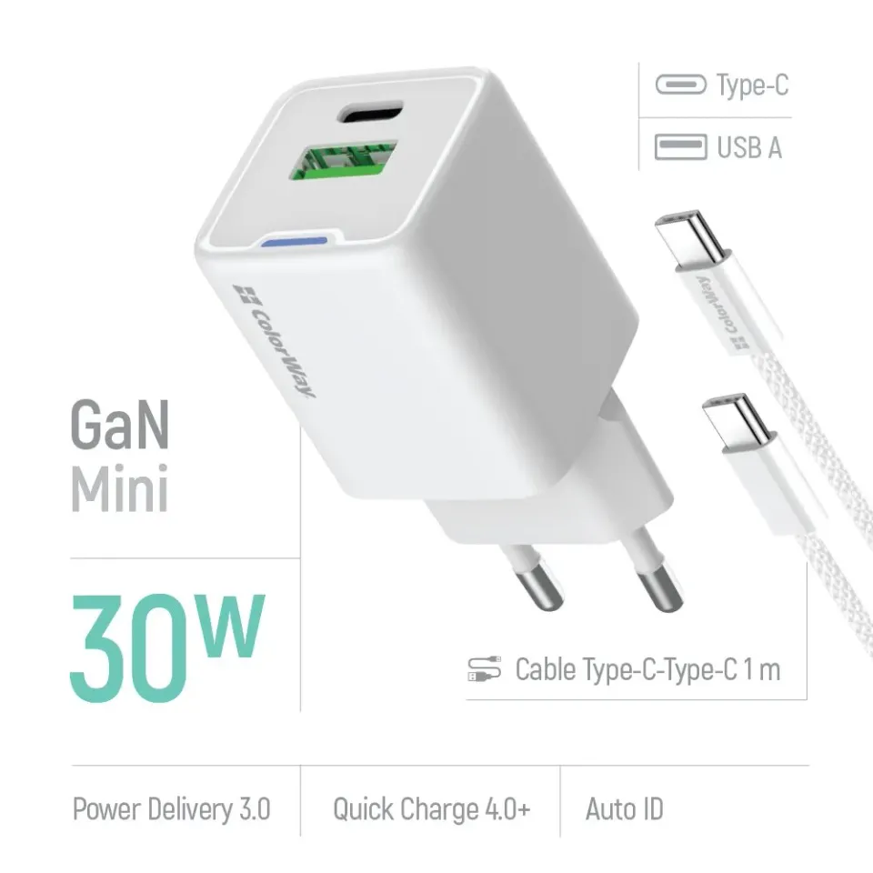 COLORWAY 1x USB-C/ síťová nabíječka/ GaN/ PD/ PPS/ QC/ 30W/ Včetně 100cm kabelu/ Bílá