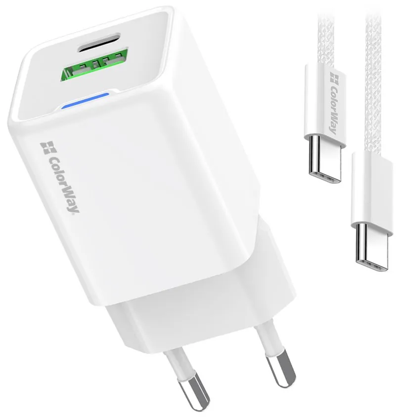 COLORWAY 1x USB-C/ síťová nabíječka/ GaN/ PD/ PPS/ QC/ 30W/ Včetně 100cm kabelu/ Bílá