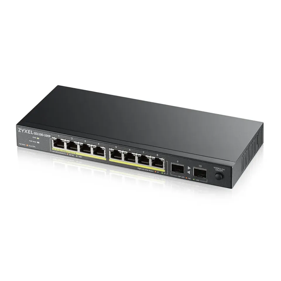 Zyxel GS1100-10HP v2 10-port Desktop Gigabit PoE Switch, 8x gigabit PoE RJ45, 2x SFP, 120W PoE budget