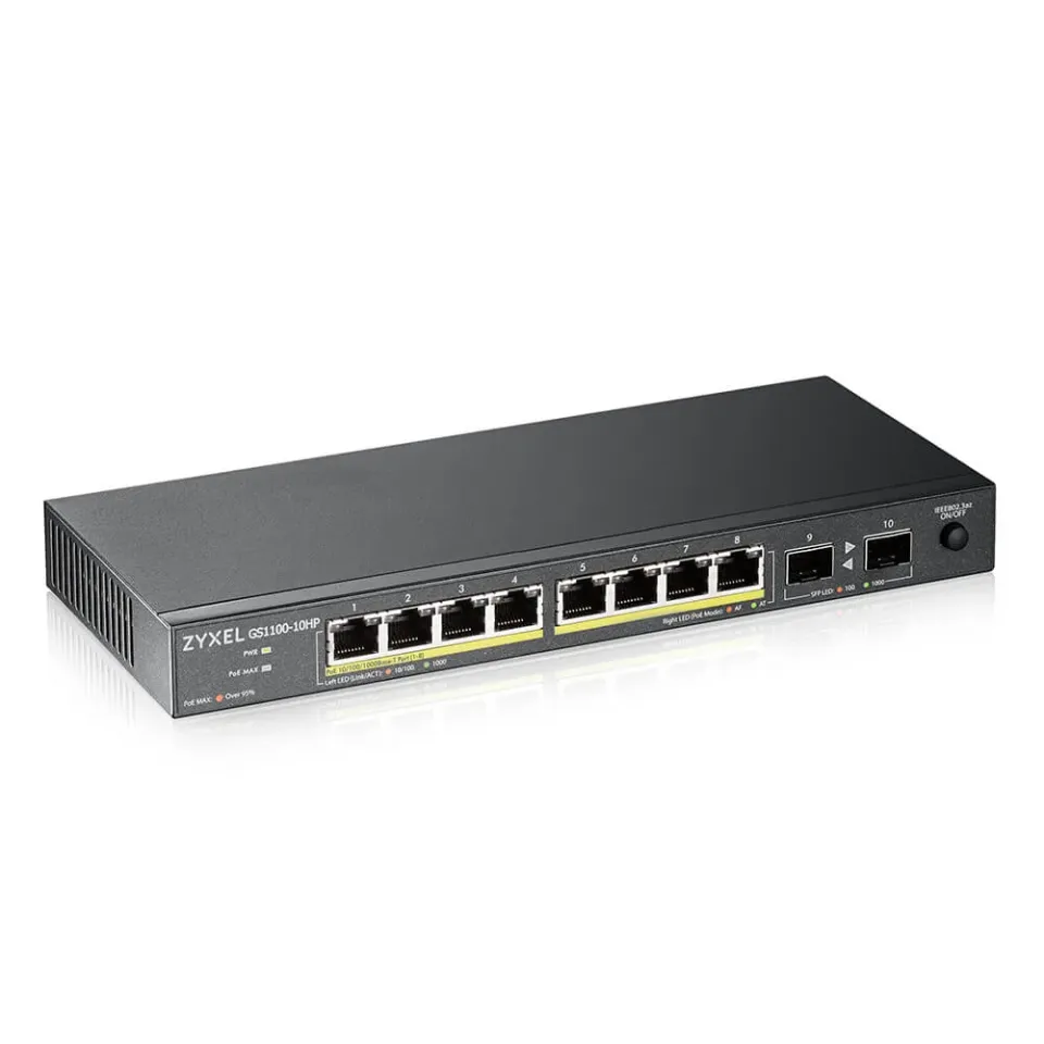 Zyxel GS1100-10HP v2 10-port Desktop Gigabit PoE Switch, 8x gigabit PoE RJ45, 2x SFP, 120W PoE budget