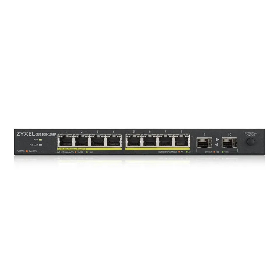 Zyxel GS1100-10HP v2 10-port Desktop Gigabit PoE Switch, 8x gigabit PoE RJ45, 2x SFP, 120W PoE budget