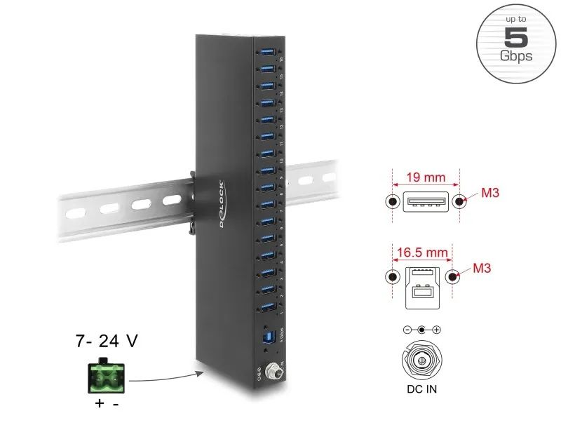 Delock Průmyslový rozbočovač ze 16 x USB 5 Gbps Typ-A s ochranou proti elektrost
