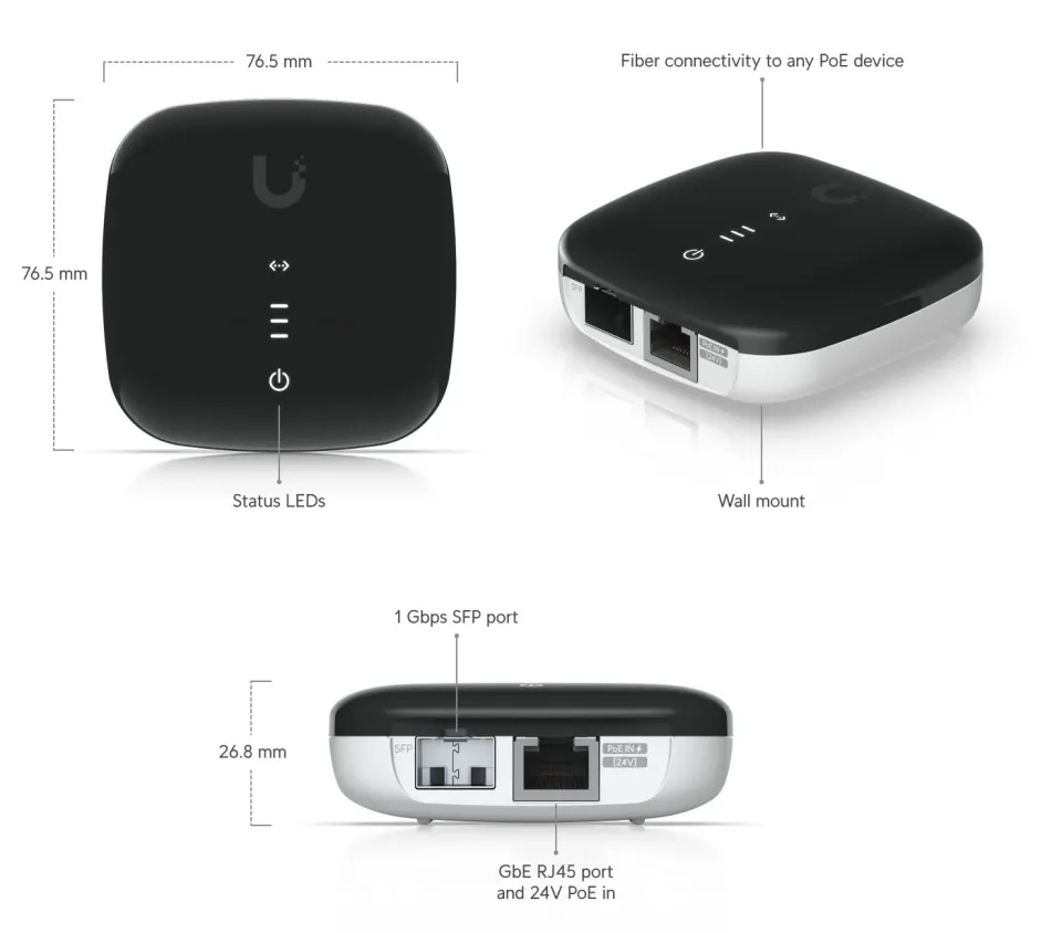 Ubiquiti Media Converter - Konvertor optika na ethernet, 1x SFP, 1x GbE, PoE 802.3af/ pasivní PoE 24V