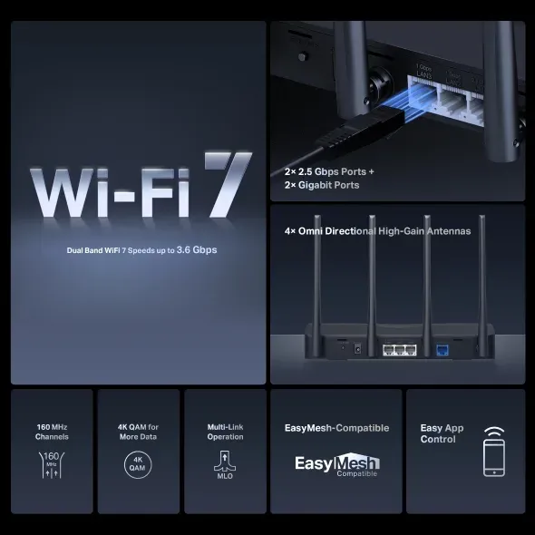 MERCUSYS MR27BE - BE3600 Dual Band Wi-Fi 7 Router, 2,5GWAN, 1x2,5GLAN, 2xGLAN,W