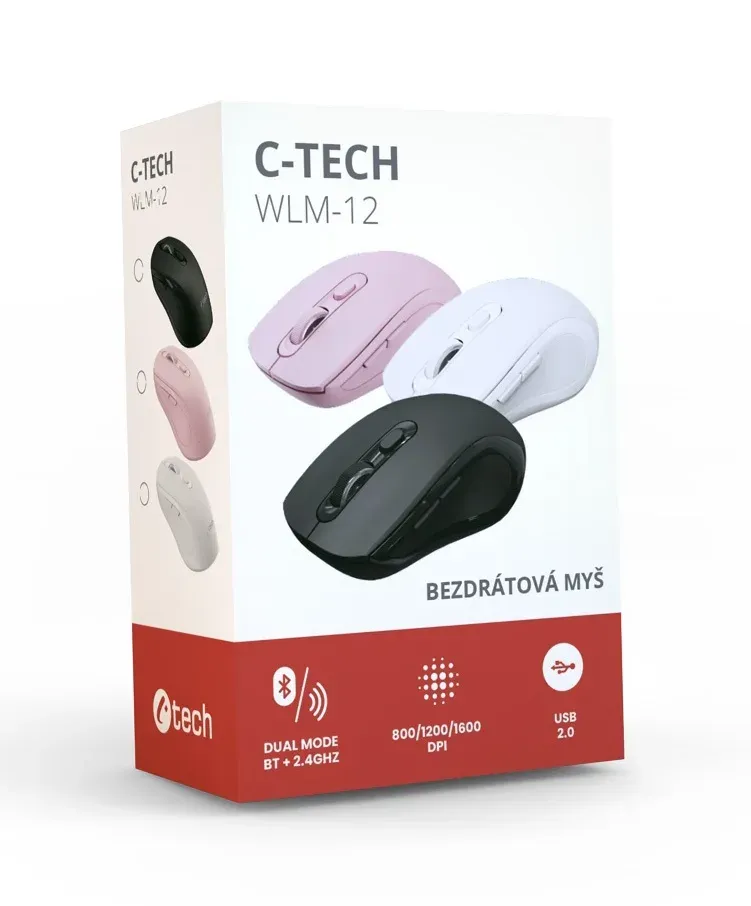 C-TECH myš WLM-12 Dual mode, bezdrátová, BT5.0 + 2,4GHz, 1600DPI, 6 tlačítek, US