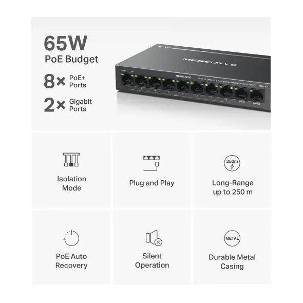 Mercusys MS110CP 8portový 10/100 Mb/s + 2portový gigabitový stolní switch s 8 po