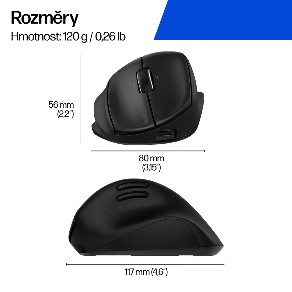 HP Bezdrátová myš HP 720M Tilt Ergonomic Mouse, USB, Bluetooth, 6000 dpi, ergonomická, černá, plné nabití za 3min.