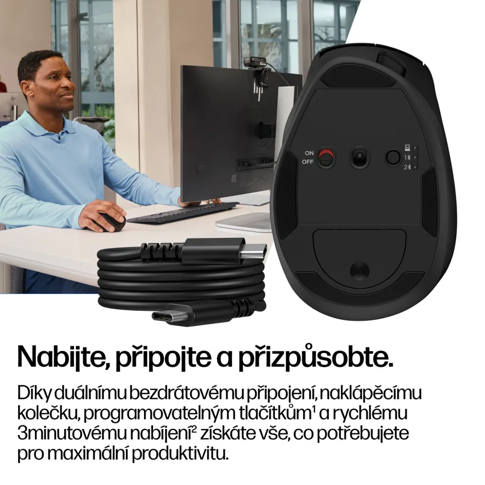 HP Bezdrátová myš HP 720M Tilt Ergonomic Mouse, USB, Bluetooth, 6000 dpi, ergonomická, černá, plné nabití za 3min.