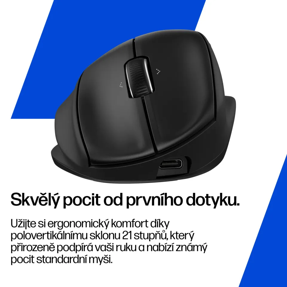 HP Bezdrátová myš HP 720M Tilt Ergonomic Mouse, USB, Bluetooth, 6000 dpi, ergonomická, černá, plné nabití za 3min.