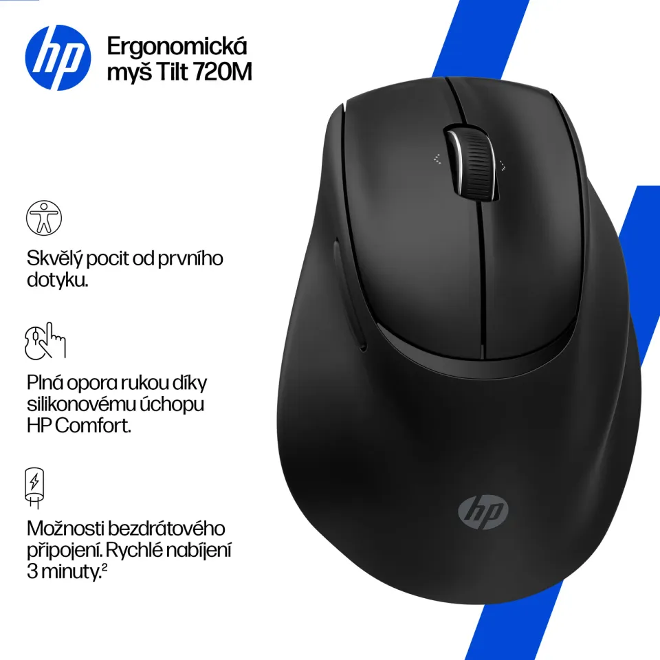 HP Bezdrátová myš HP 720M Tilt Ergonomic Mouse, USB, Bluetooth, 6000 dpi, ergonomická, černá, plné nabití za 3min.