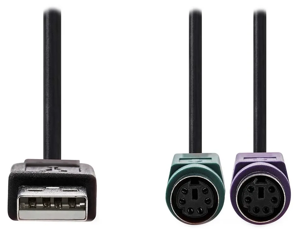 NEDIS USB 2.0 kabel 2v1/ zástrčka USB-A/ 2x zásuvka PS/2/ 480 Mbps/ poniklovaný/ kulatý/ PVC/ černý/ blistr/ 30 cm