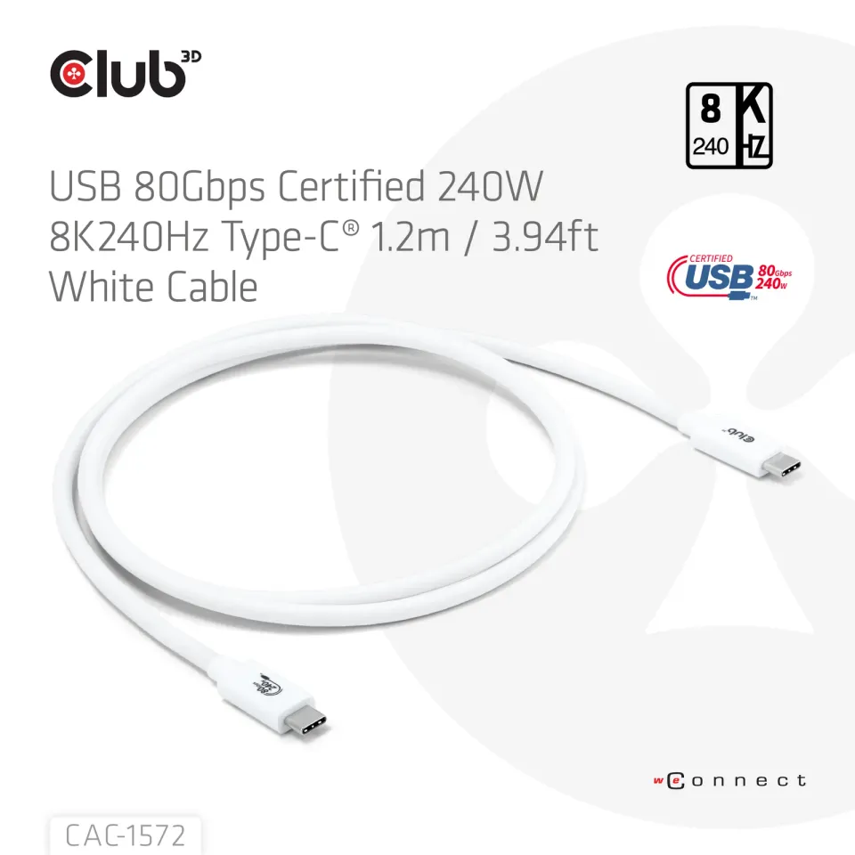 Club3D Kabel USB4 Typ-C, 80Gbps, Certifikovaný kabel, 4K540Hz, 8K240Hz, 16K60Hz, PD 240W, 1.2m, bílá