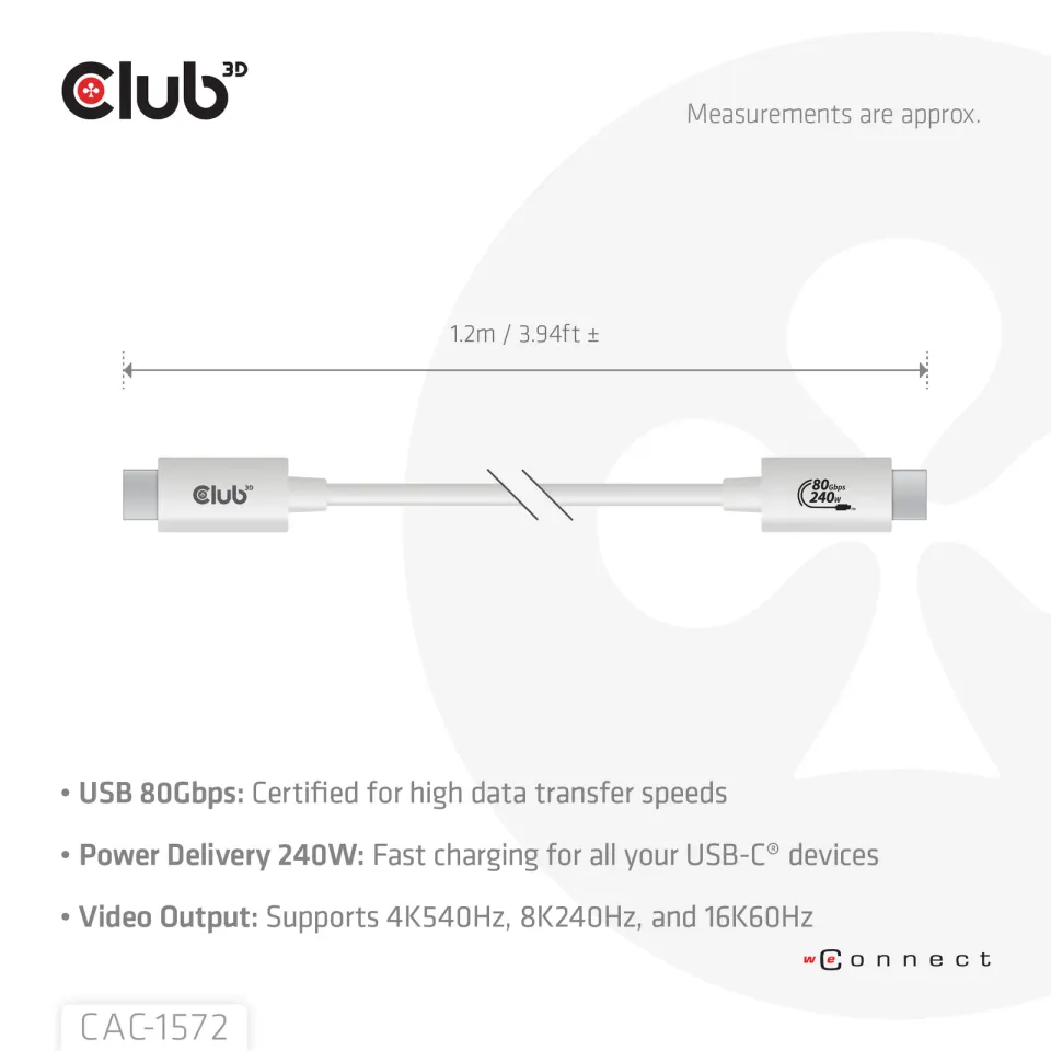 Club3D Kabel USB4 Typ-C, 80Gbps, Certifikovaný kabel, 4K540Hz, 8K240Hz, 16K60Hz, PD 240W, 1.2m, bílá
