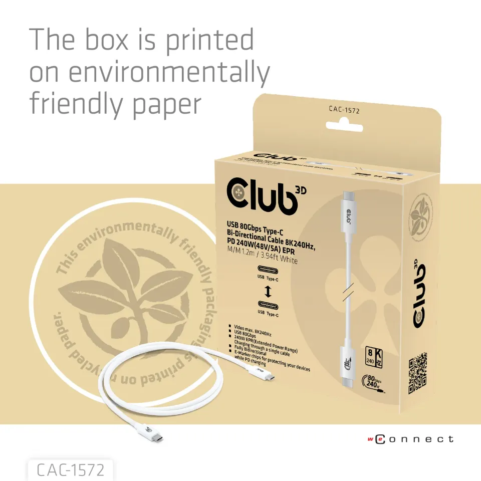 Club3D Kabel USB4 Typ-C, 80Gbps, Certifikovaný kabel, 4K540Hz, 8K240Hz, 16K60Hz, PD 240W, 1.2m, bílá