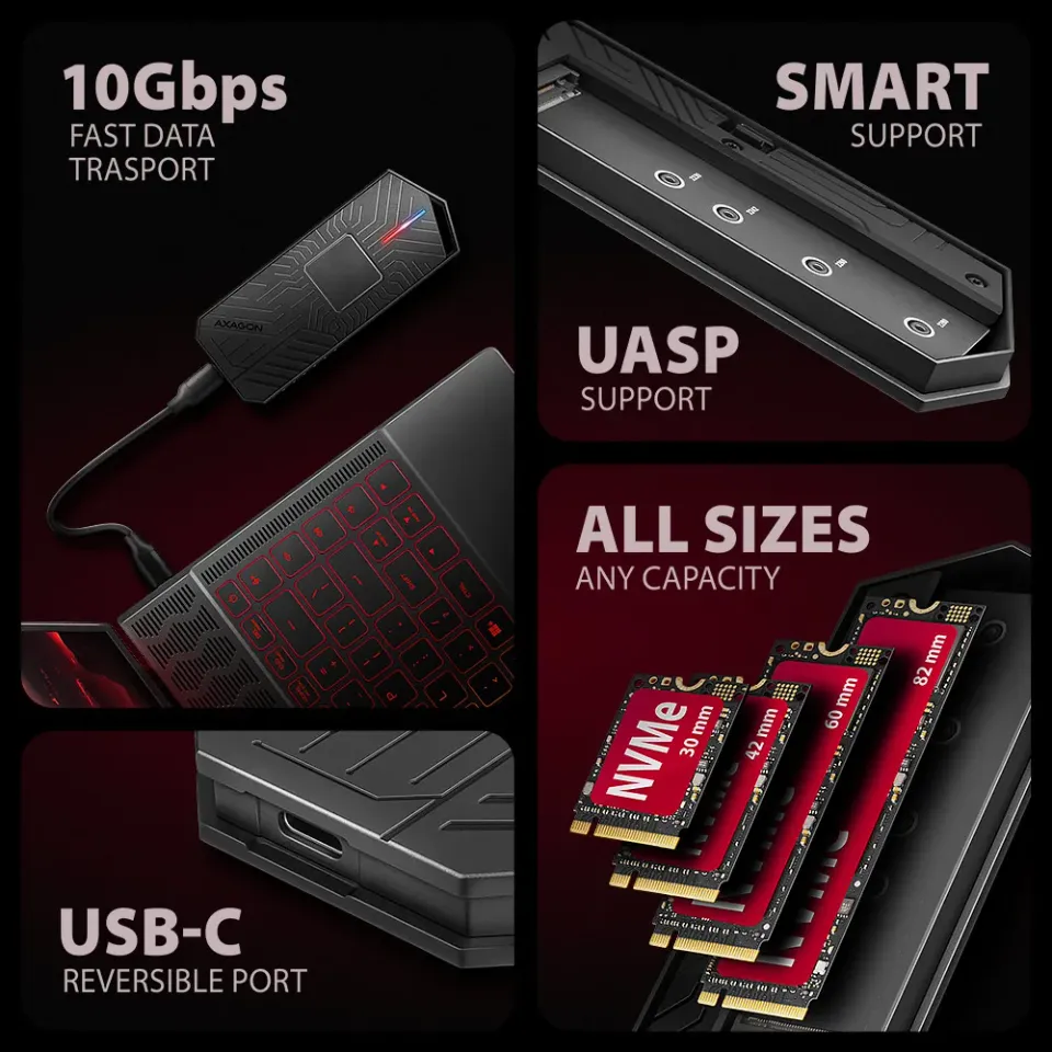 AXAGON EEM2-GAM, USB-C 10Gbps - NVMe & SATA SSD GAME M.2 box, bezšroubkový