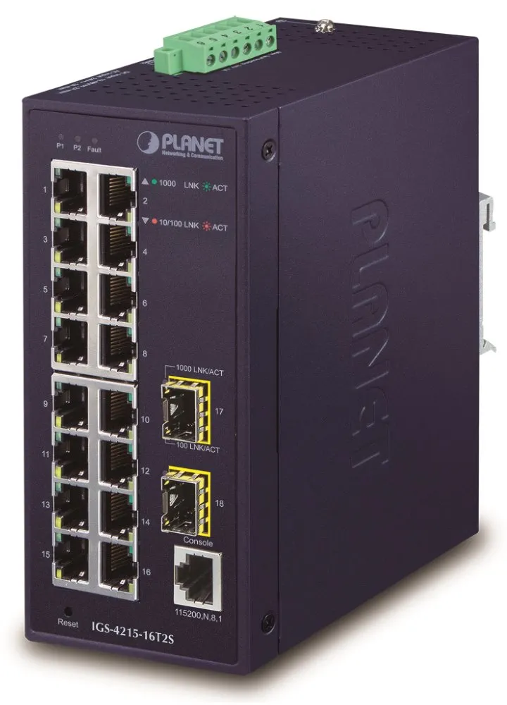 Planet IGS-4215-16T2S průmyslový L2 switch, 16x1Gb, 2x1Gb SFP, dual 12-48VDC , -40~75°C, 1x RJ45 serial port, IP30
