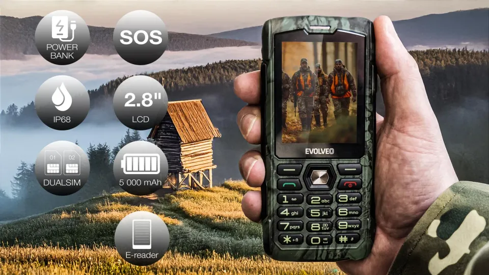 EVOLVEO StrongPhone H1, vodotěsný odolný Dual SIM telefon, lovecká kamufláž