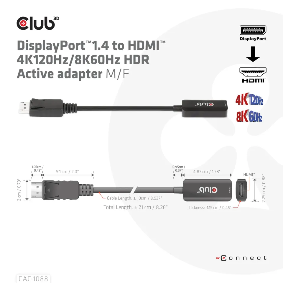 Club3D Adaptér aktivní DisplayPort 1.4 na HDMI 4K120Hz/8K60Hz HDR (M/F), černá