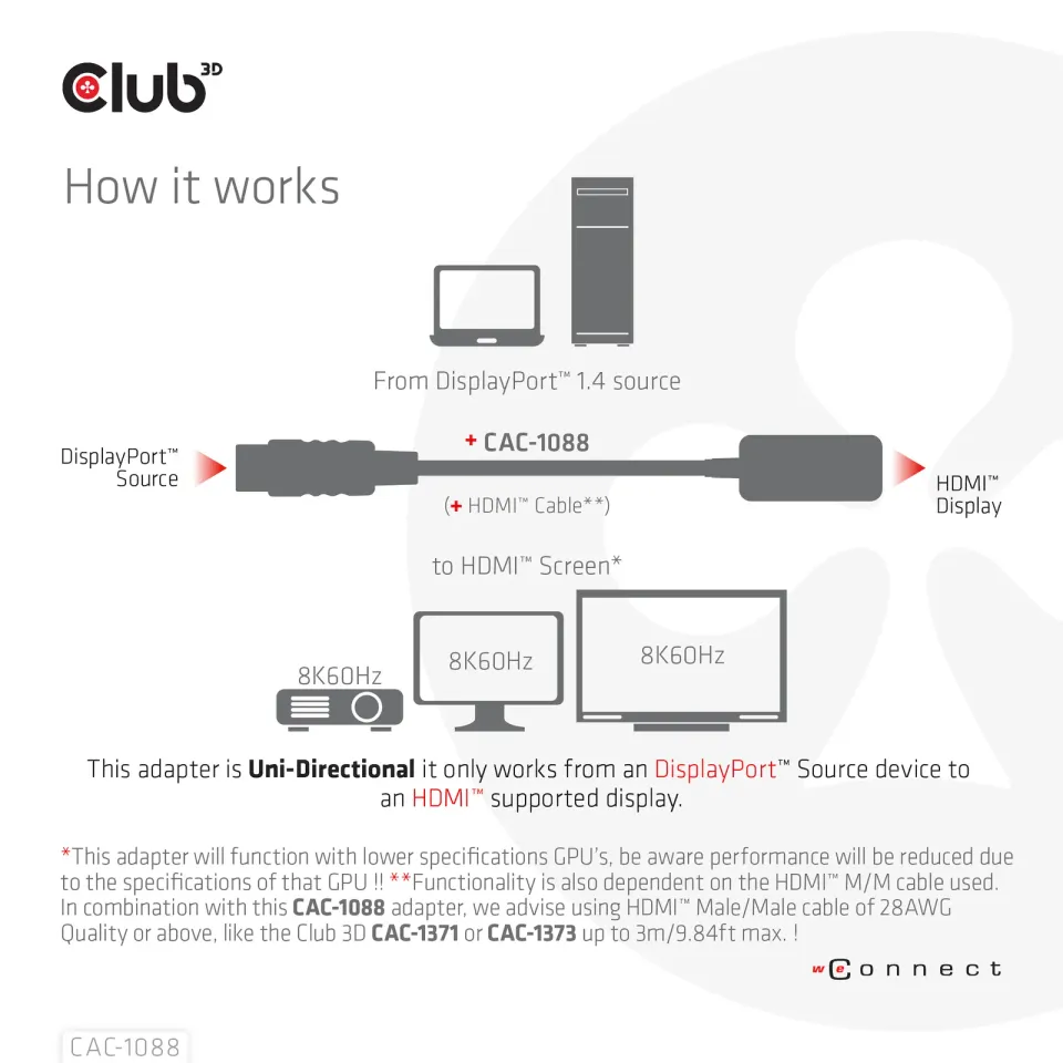 Club3D Adaptér aktivní DisplayPort 1.4 na HDMI 4K120Hz/8K60Hz HDR (M/F), černá