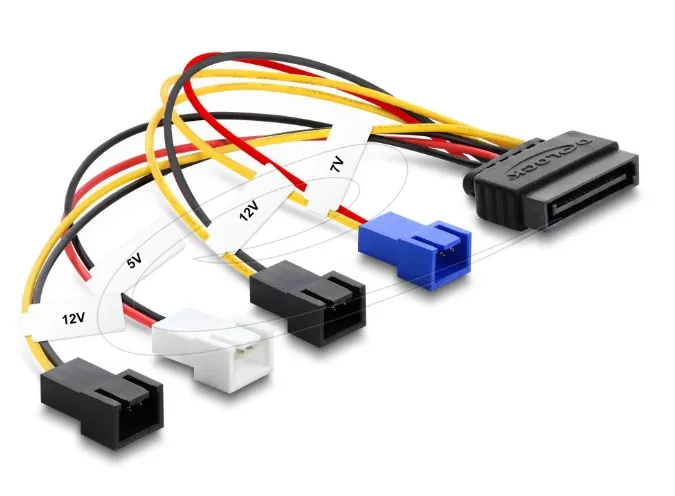 Delock Napájecí kabel SATA 15 pin samec na 4 x 2 pin ventilátor (12 V / 7 V / 5