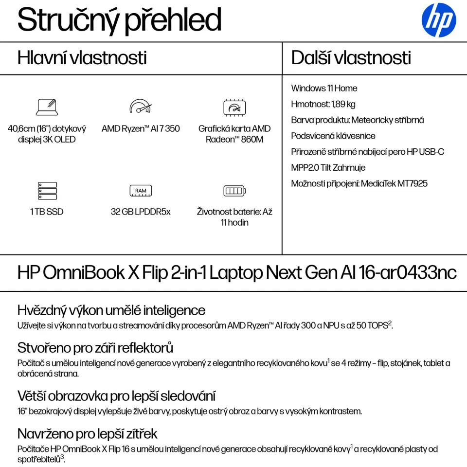 HP Omnibook X Flip/16-ar0433nc/AI7-350/16"/2880x1800/T/32GB/1TB/AMD int/W11H/Gray/2R NBD