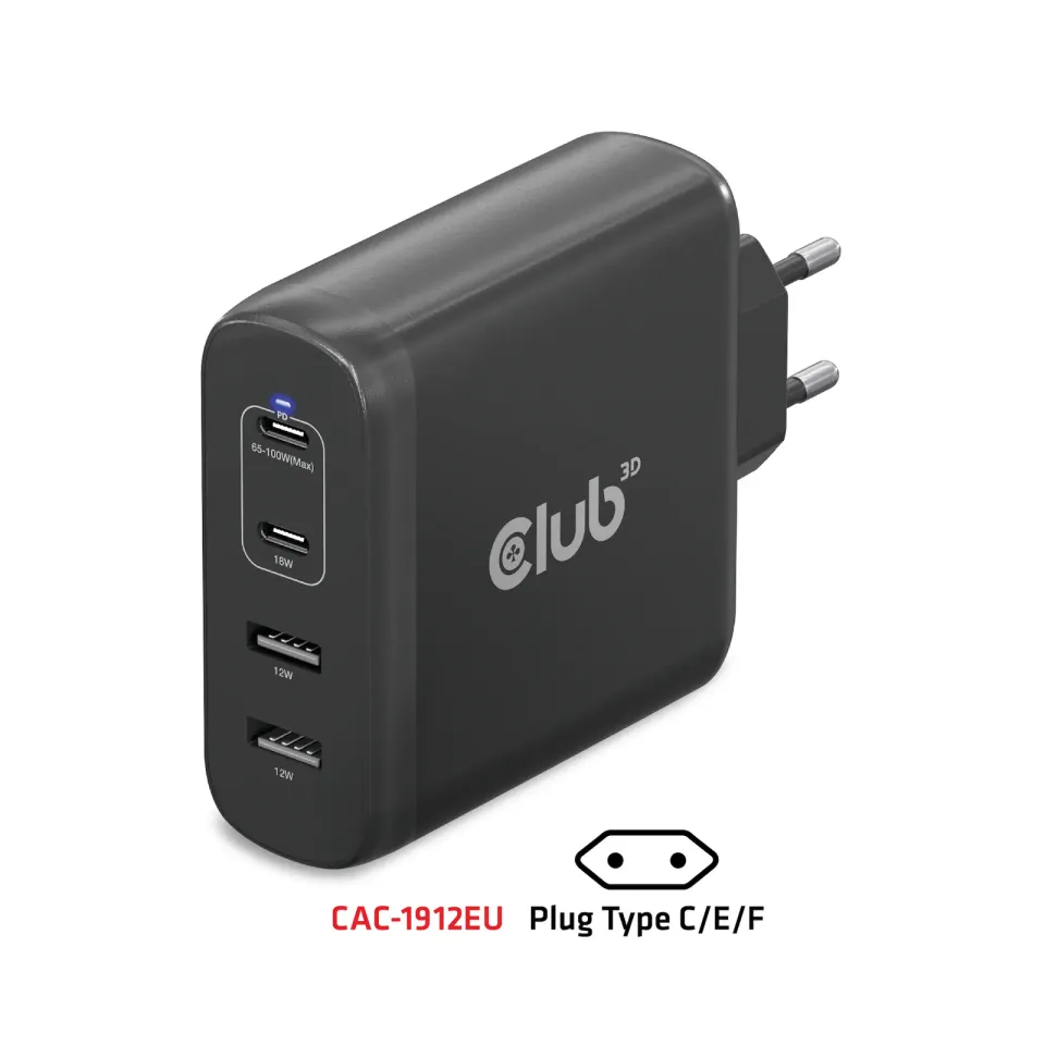 Club3D cestovní nabíječka 100W GAN technologie, 2xUSB-A a 2xUSB-C, PD 3.0 Support