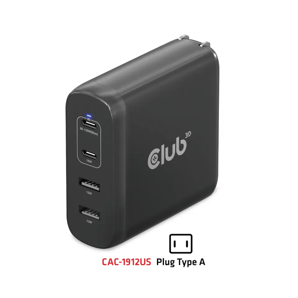 Club3D cestovní nabíječka 100W GAN technologie, 2xUSB-A a 2xUSB-C, PD 3.0 Support