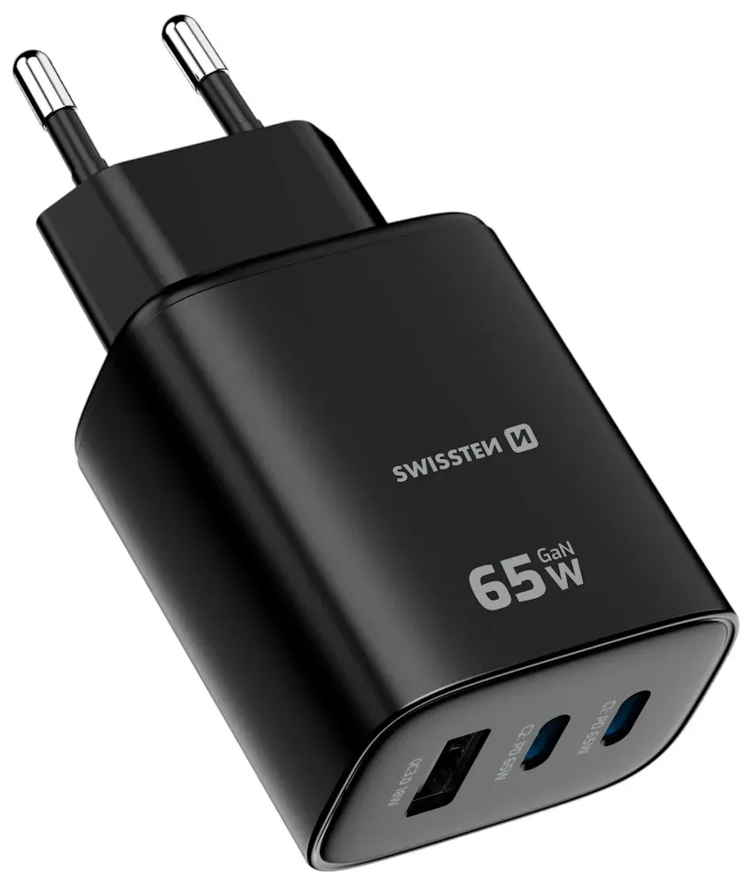 Swissten Síťový Adaptér Edge GaN 2x USB-C PD 65W + 1x USB-A 18W QC Černý