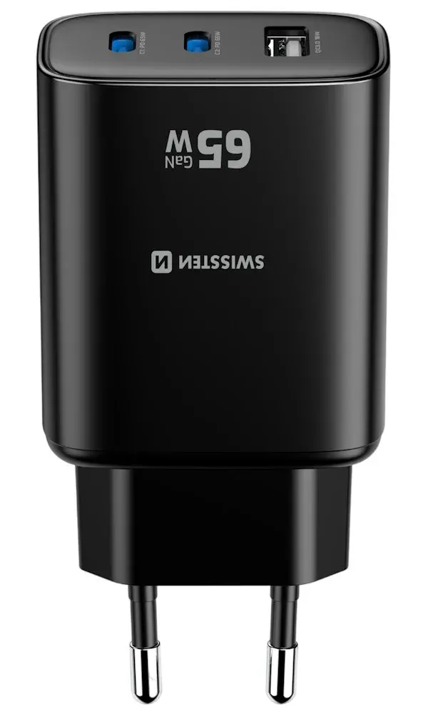Swissten Síťový Adaptér Edge GaN 2x USB-C PD 65W + 1x USB-A 18W QC Černý