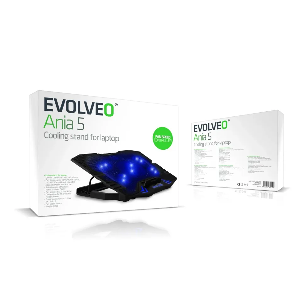 EVOLVEO Ania 5, chladicí podstavec pro notebook, modré podsvícení, polohovatelný