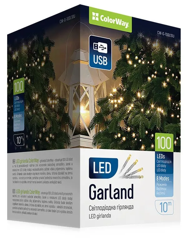 COLORWAY LED řetěz/ vnitřní / 100 LED / délka 10m / teplá bílá/ 8 funkcí/ napájení USB
