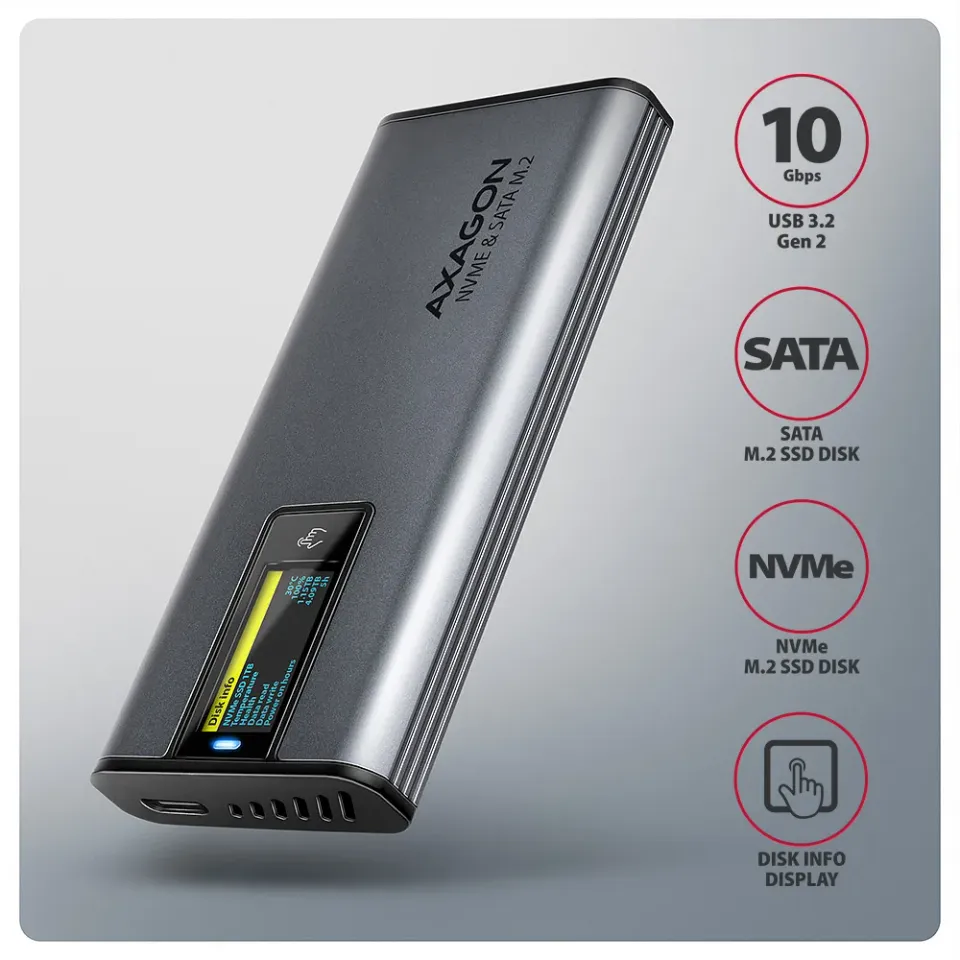 AXAGON EEM2-SD2, USB-C 10Gbps externí box s displejem pro M.2 NVMe/SATA SSD, bez