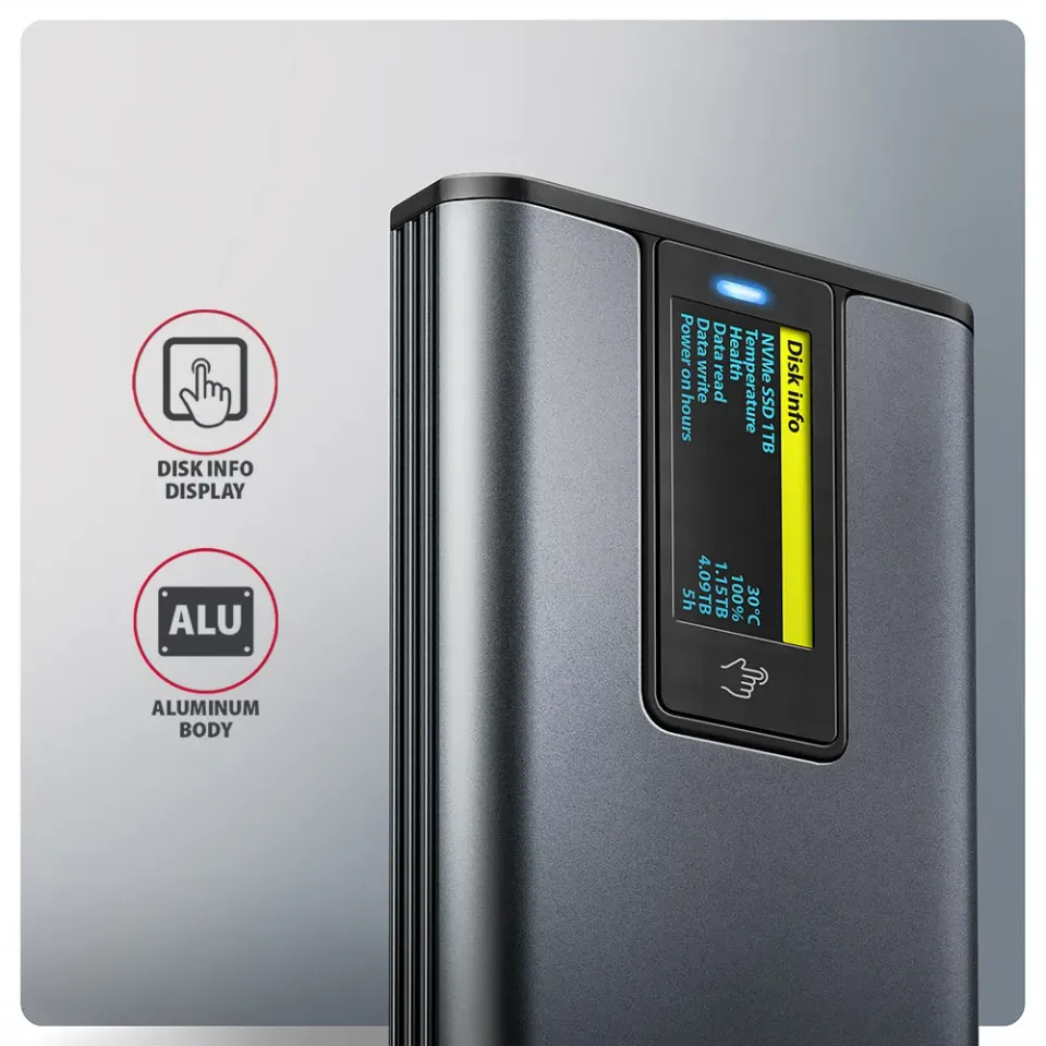 AXAGON EEM2-SD2, USB-C 10Gbps externí box s displejem pro M.2 NVMe/SATA SSD, bez
